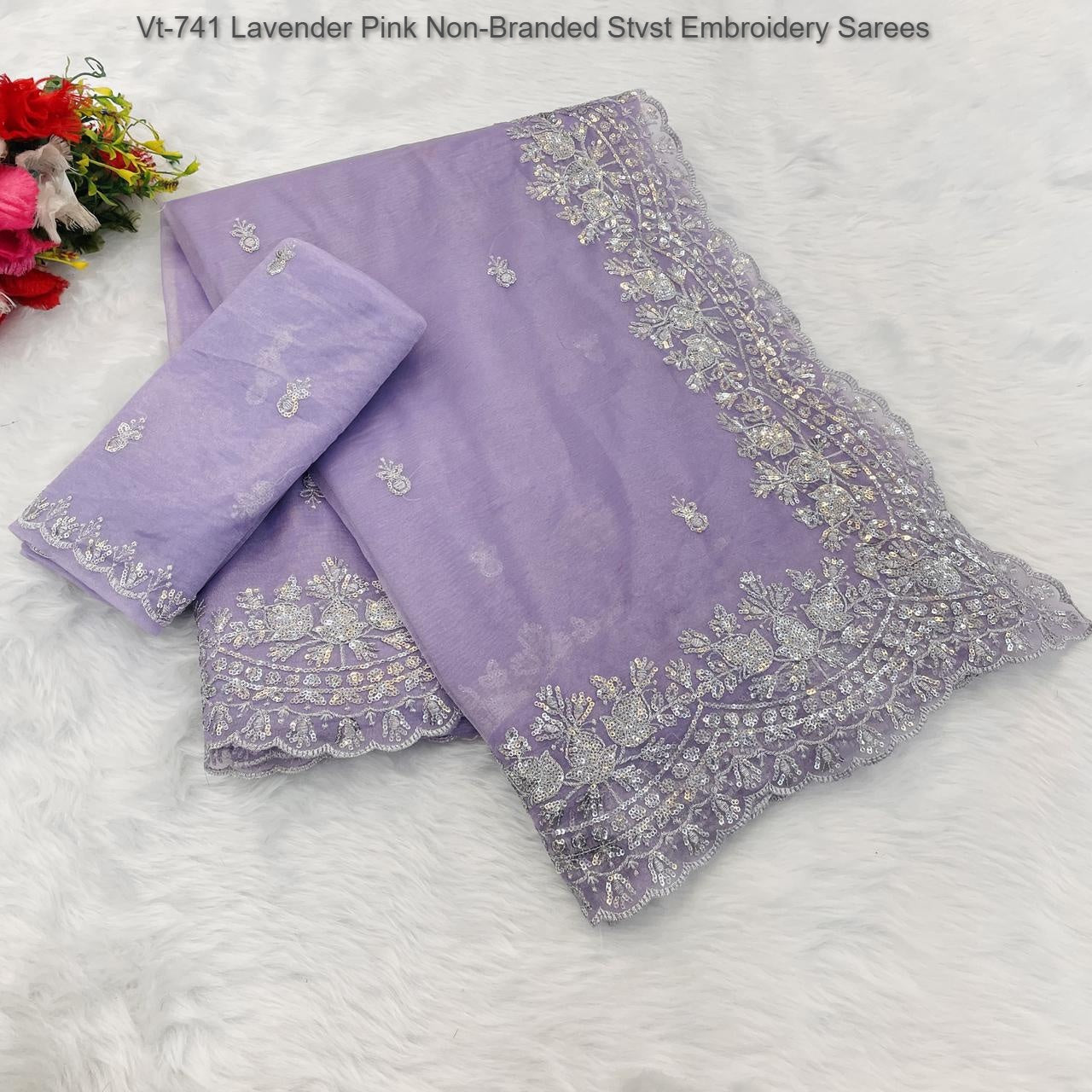 Vt-741 Lavender Pink Non-Branded Stvst Embroidery Sarees