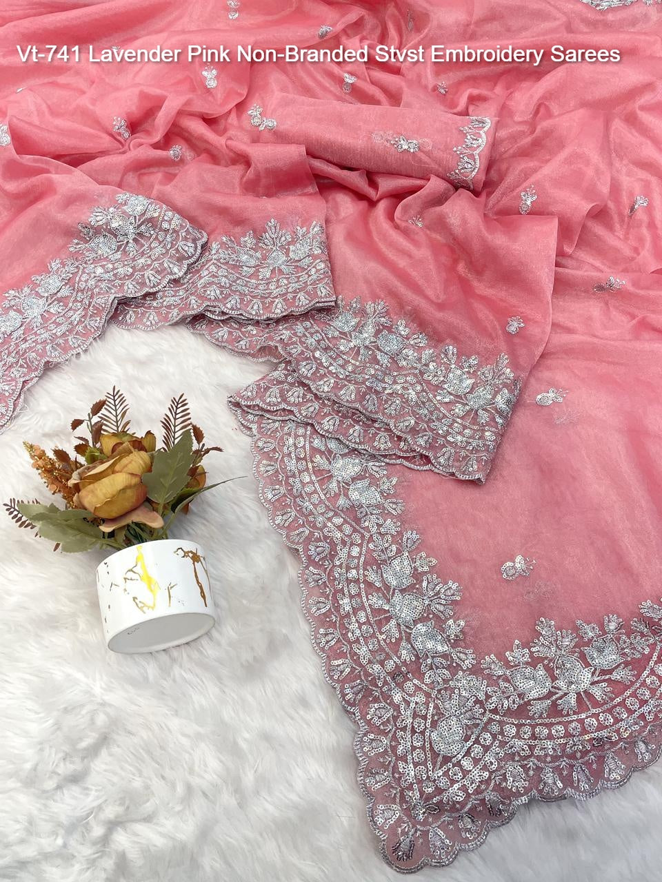 Vt-741 Lavender Pink Non-Branded Stvst Embroidery Sarees