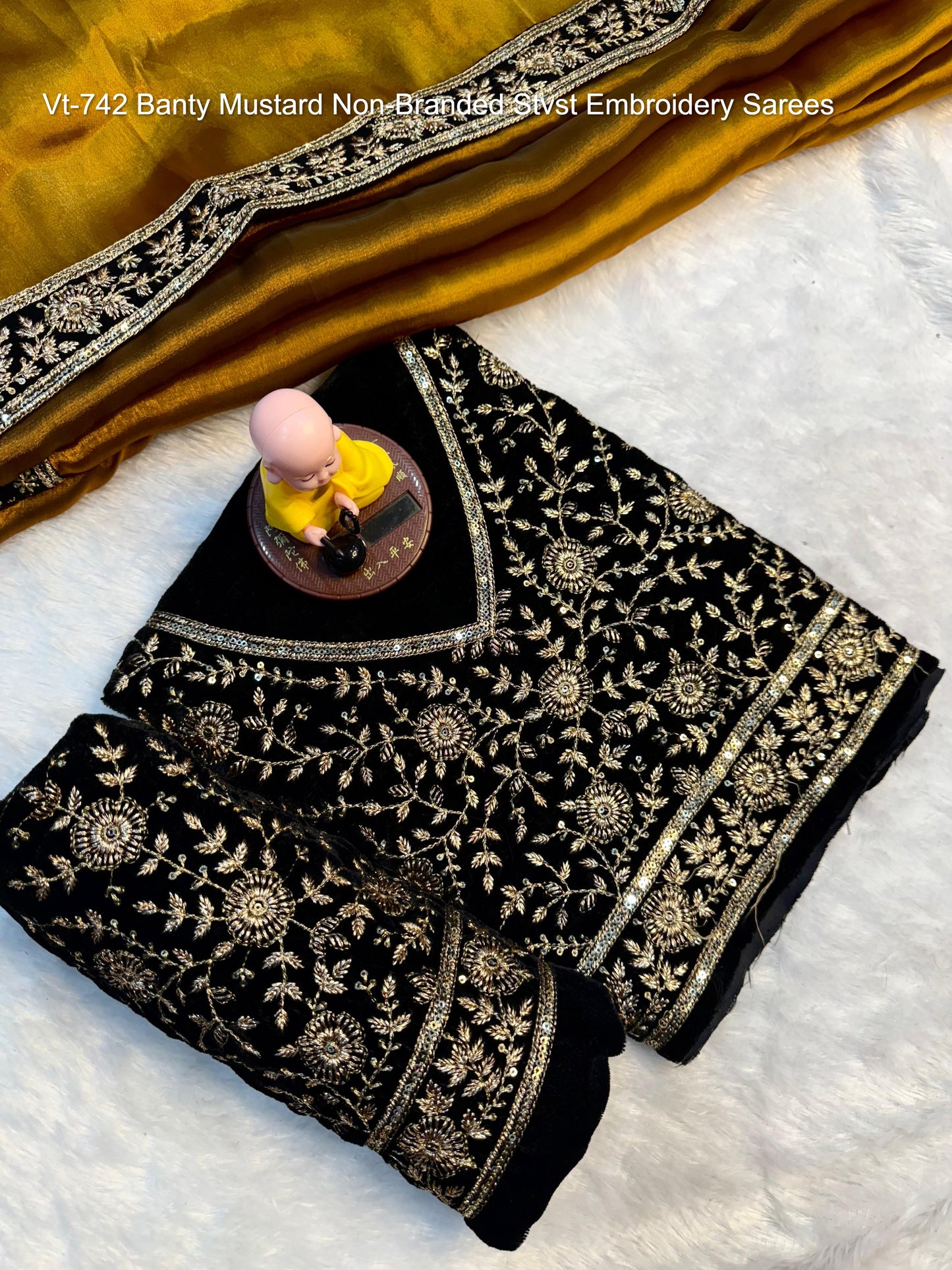 Vt-742 Banty Mustard Non-Branded Stvst Embroidery Sarees
