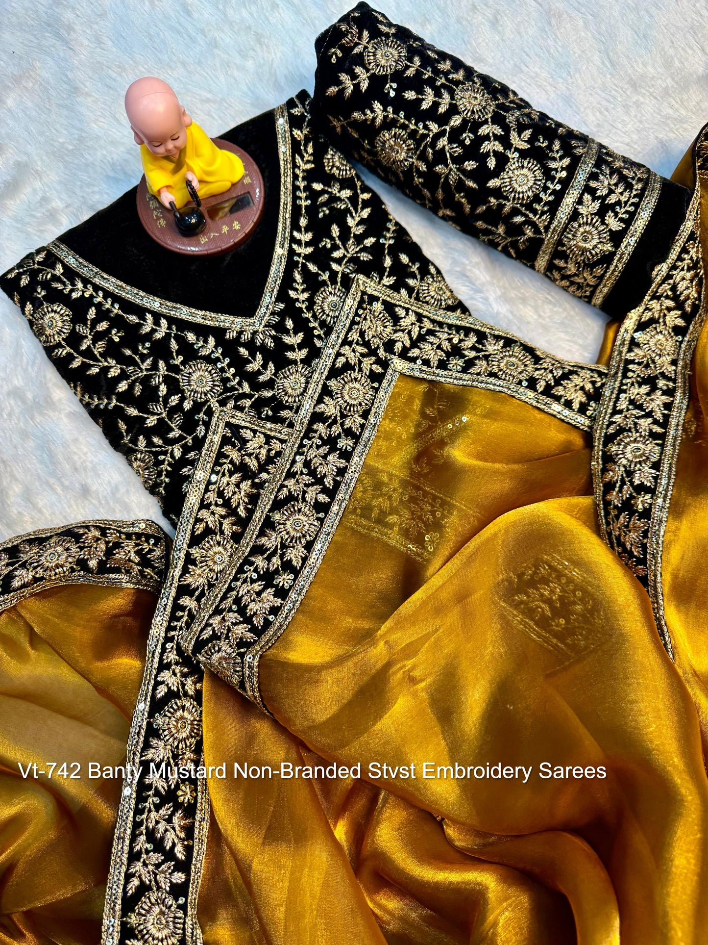 Vt-742 Banty Mustard Non-Branded Stvst Embroidery Sarees