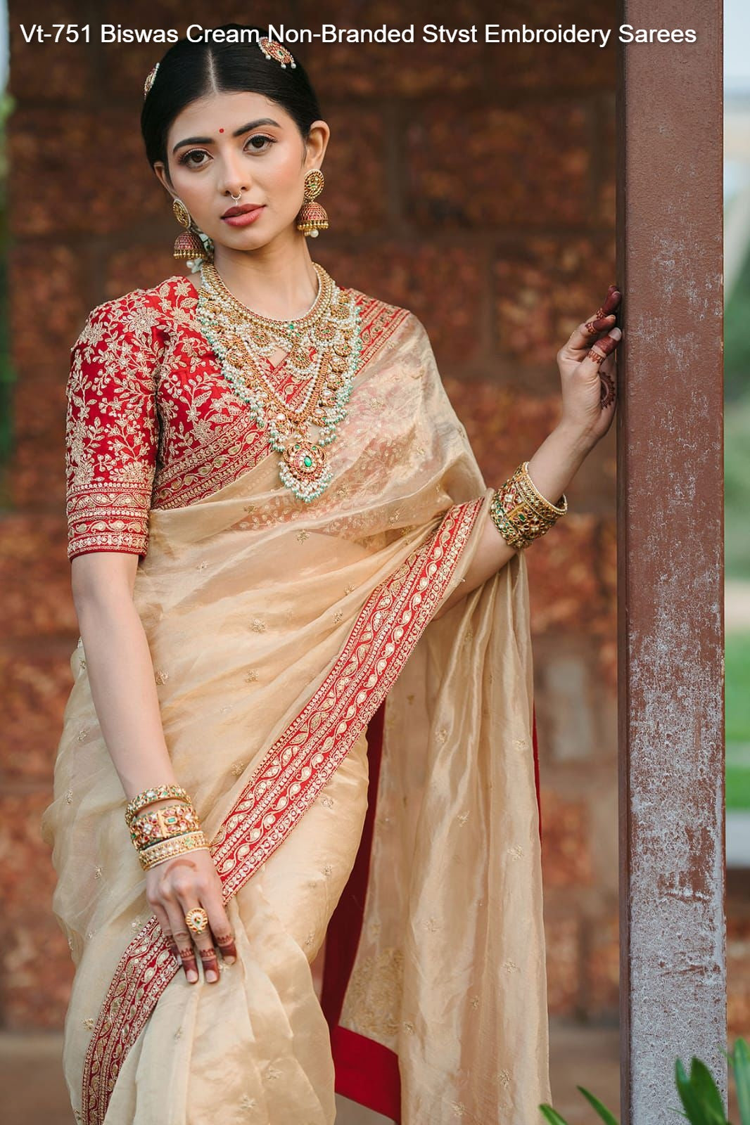 Vt-751 Biswas Cream Non-Branded Stvst Embroidery Sarees