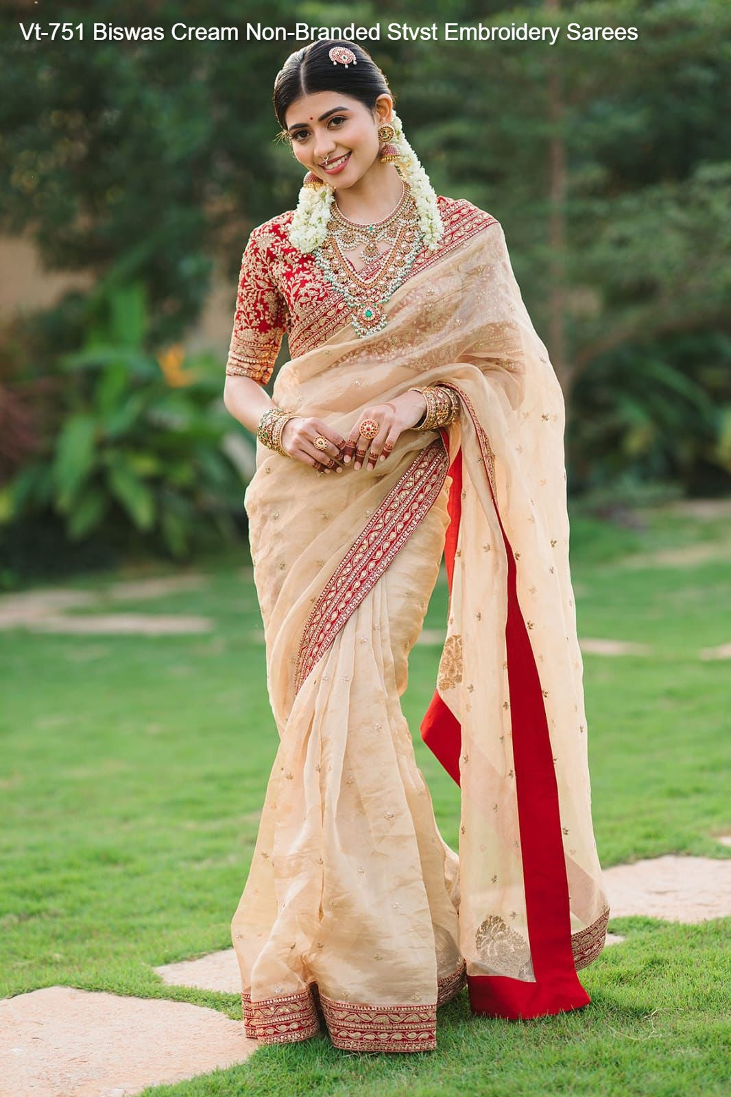 Vt-751 Biswas Cream Non-Branded Stvst Embroidery Sarees