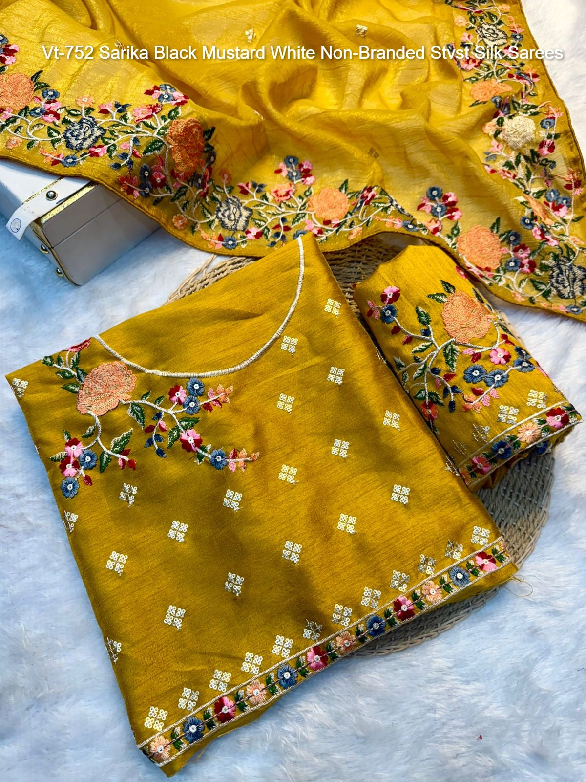 Vt-752 Sarika Black Mustard White Non-Branded Stvst Silk Sarees