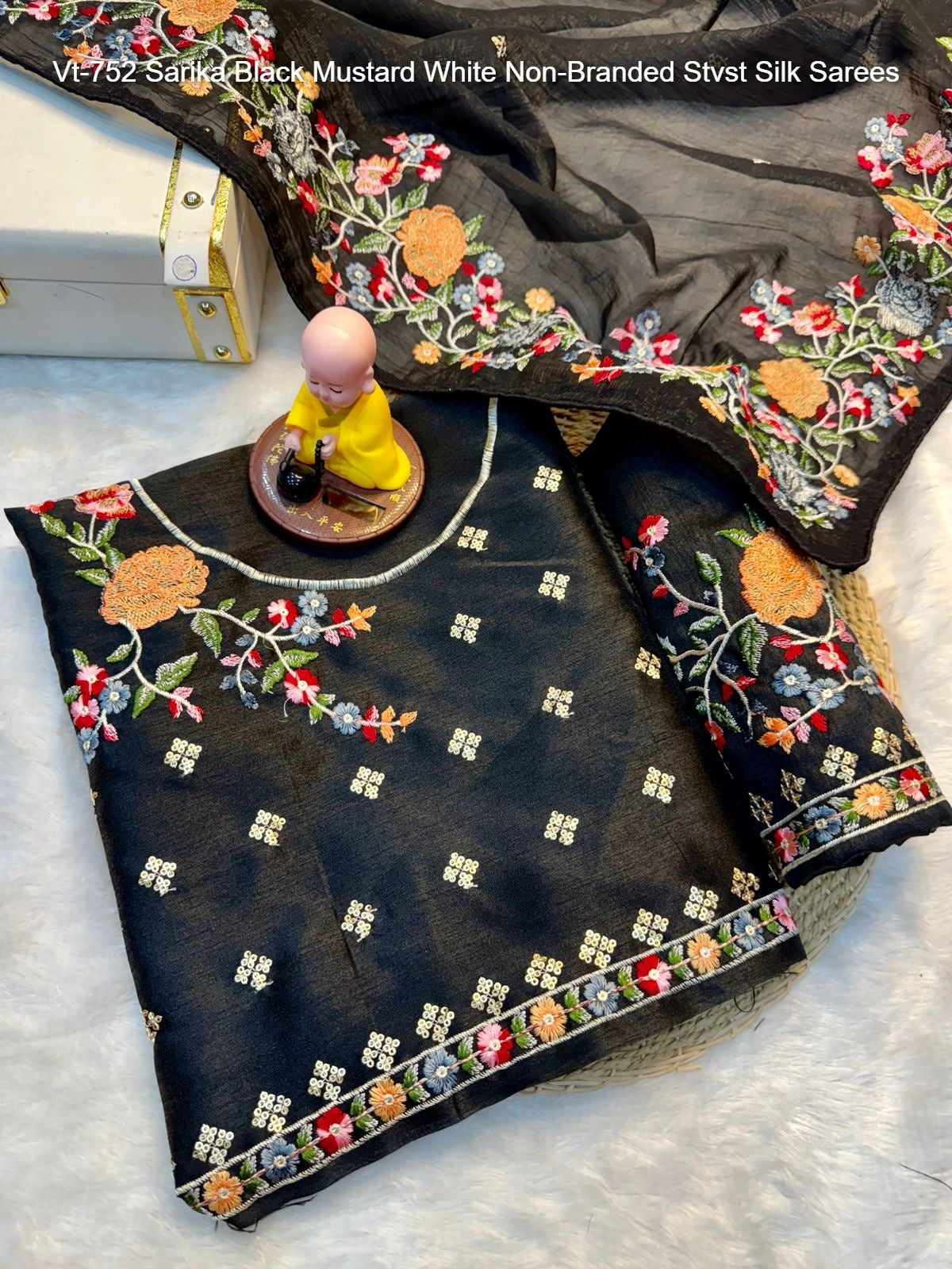 Vt-752 Sarika Black Mustard White Non-Branded Stvst Silk Sarees