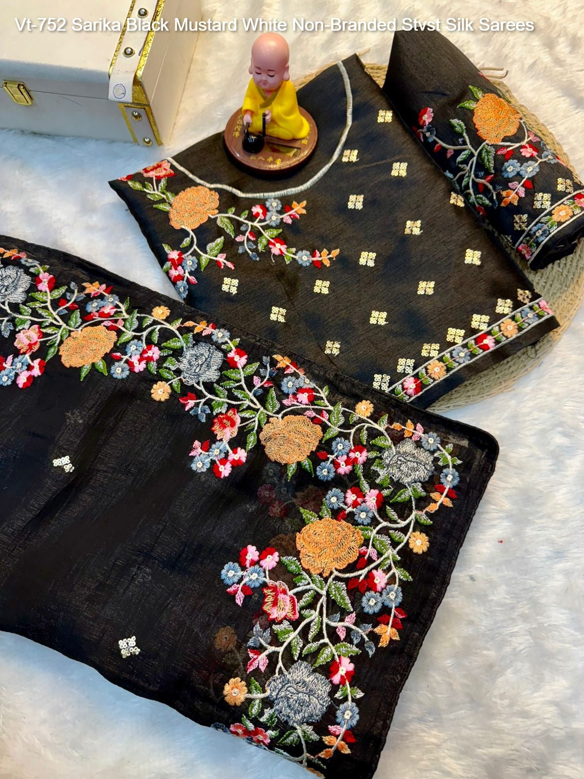 Vt-752 Sarika Black Mustard White Non-Branded Stvst Silk Sarees