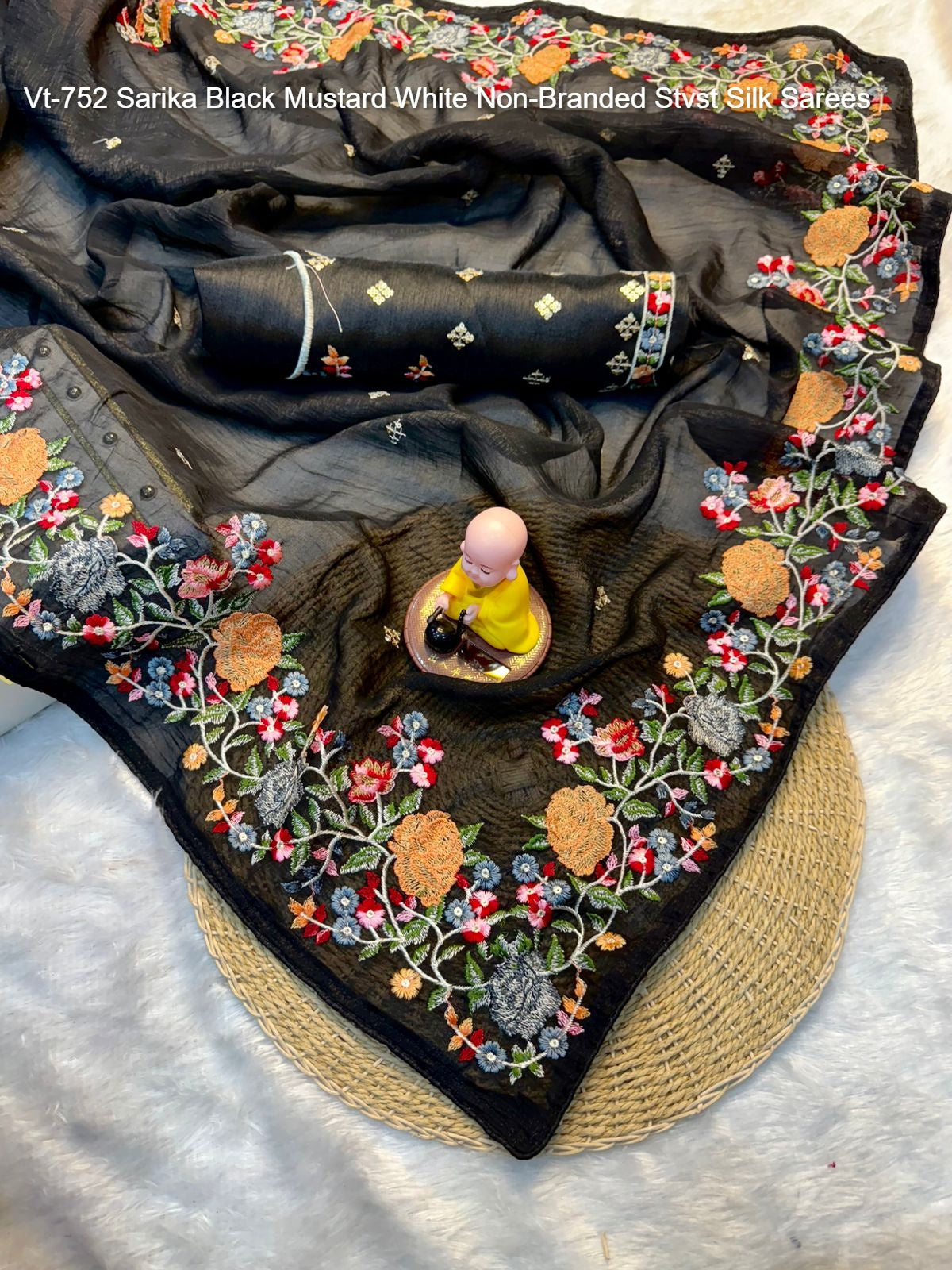 Vt-752 Sarika Black Mustard White Non-Branded Stvst Silk Sarees