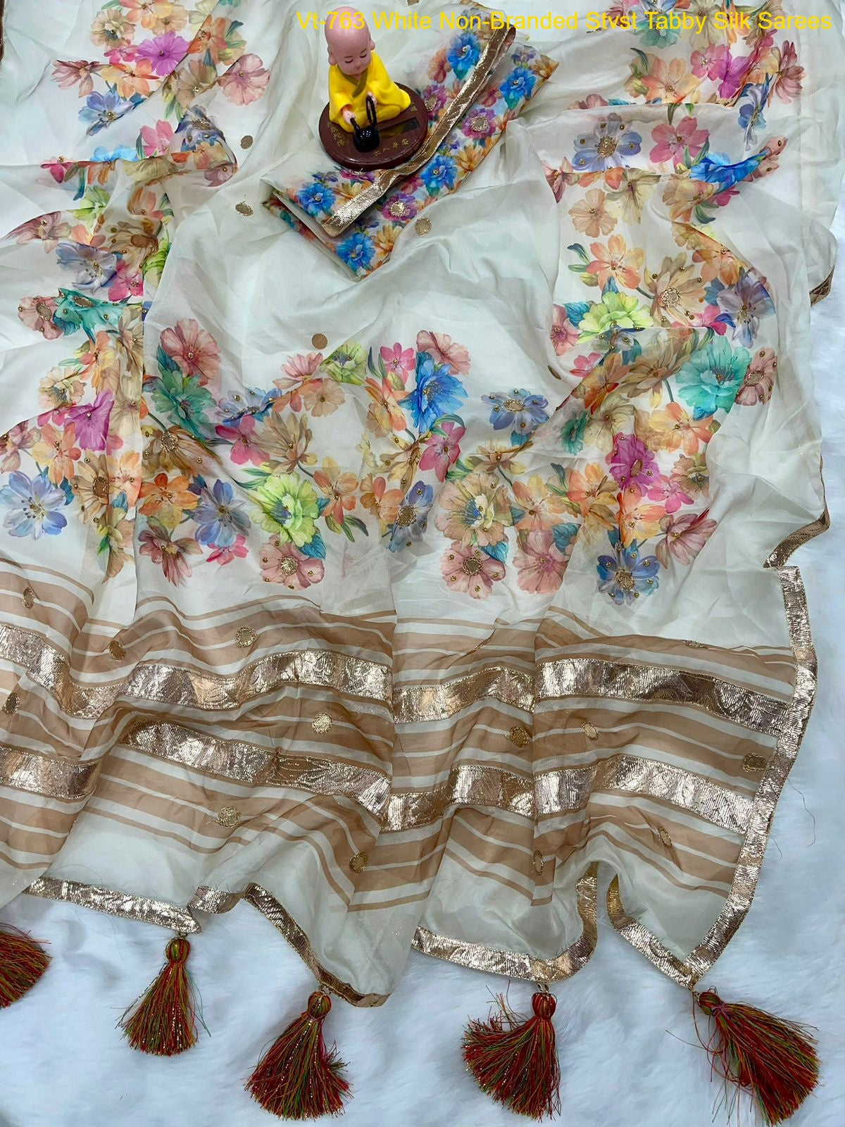 Vt-763 White Non-Branded Stvst Tabby Silk Sarees