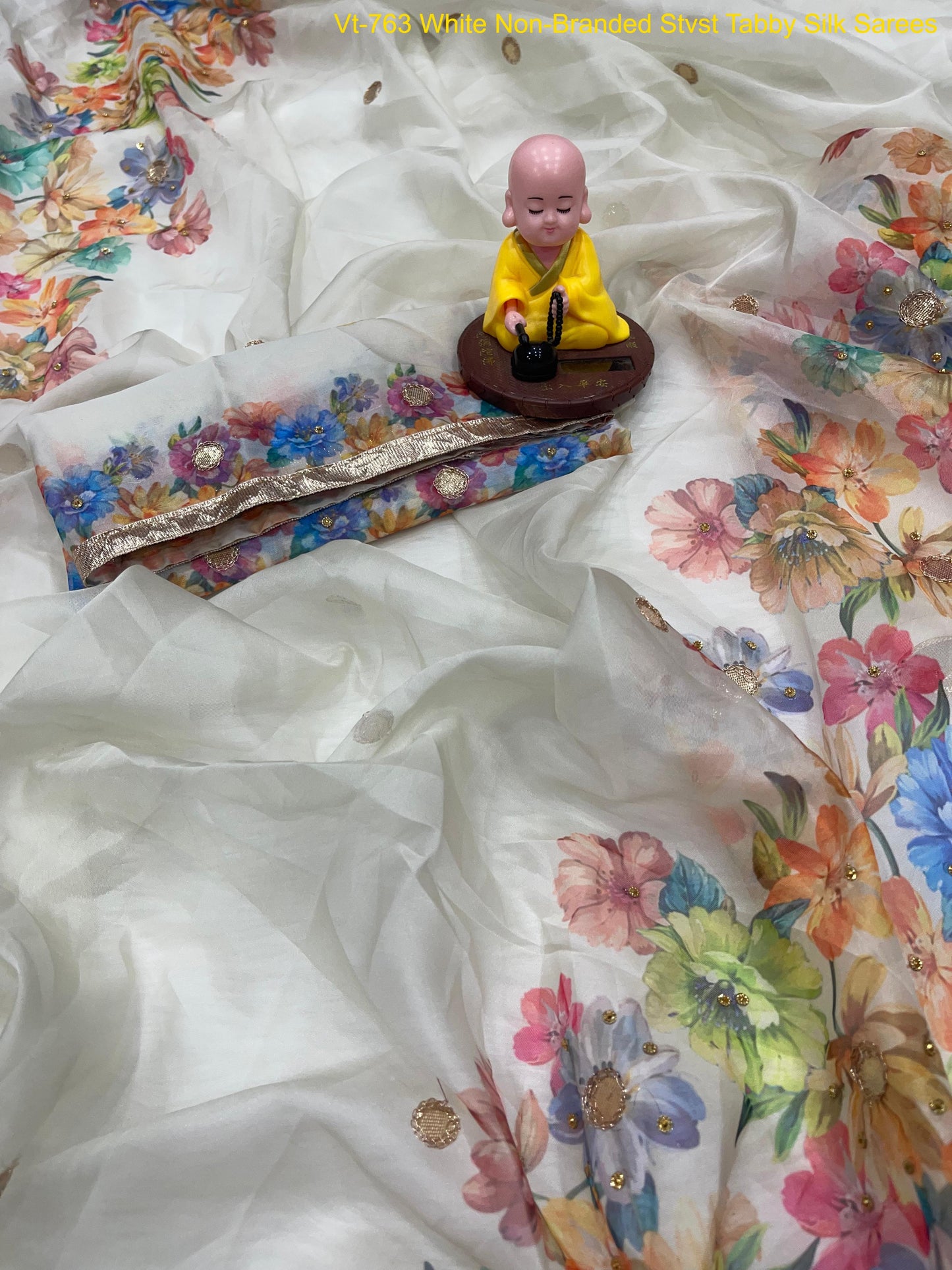 Vt-763 White Non-Branded Stvst Tabby Silk Sarees