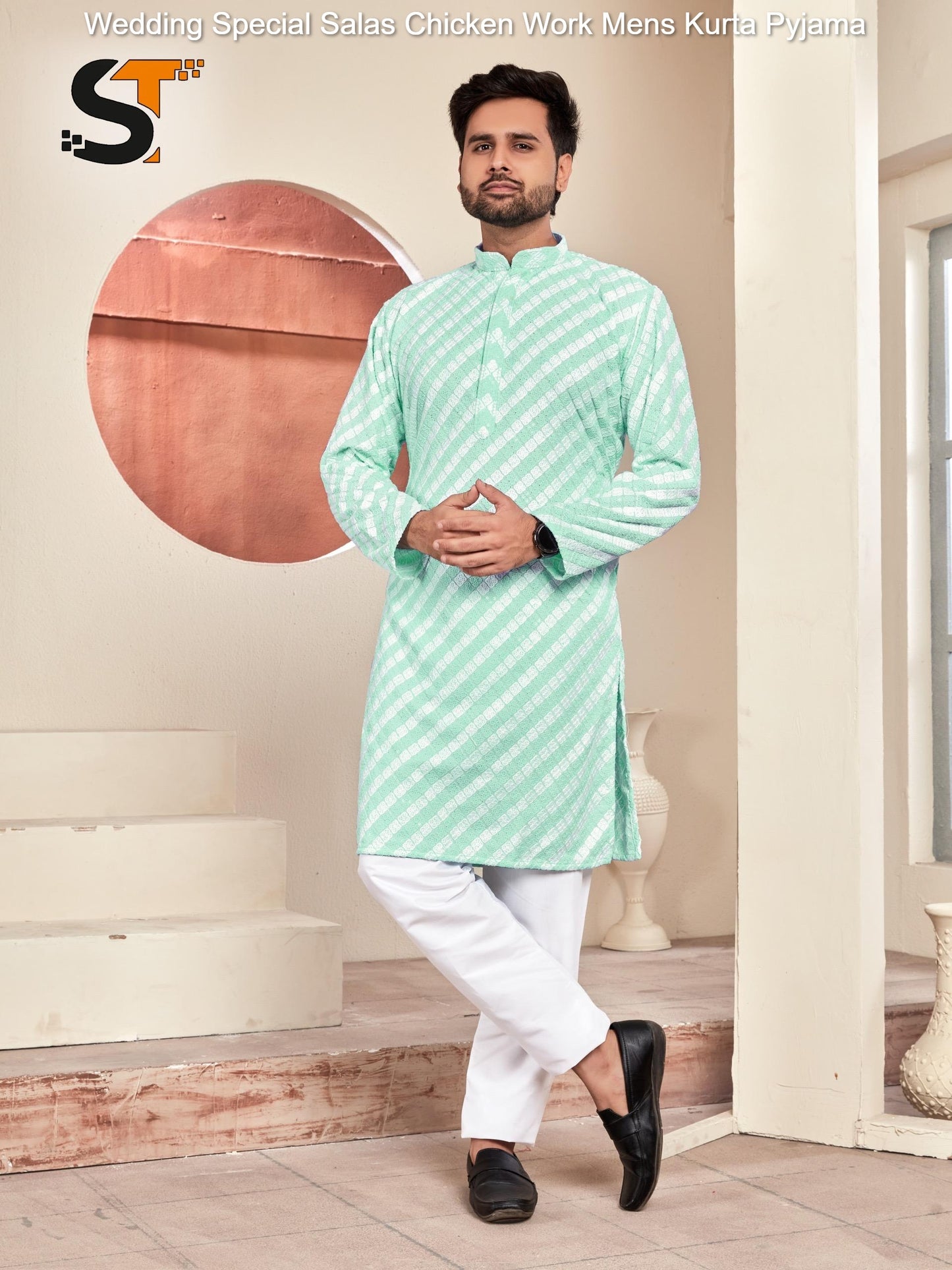 Wedding Special Salas Chicken Work Mens Kurta Pyjama