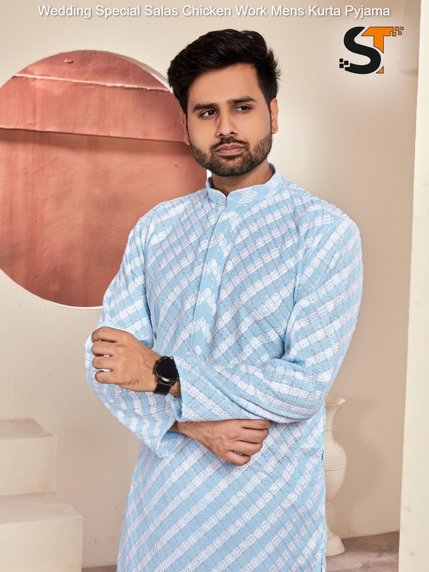 Wedding Special Salas Chicken Work Mens Kurta Pyjama