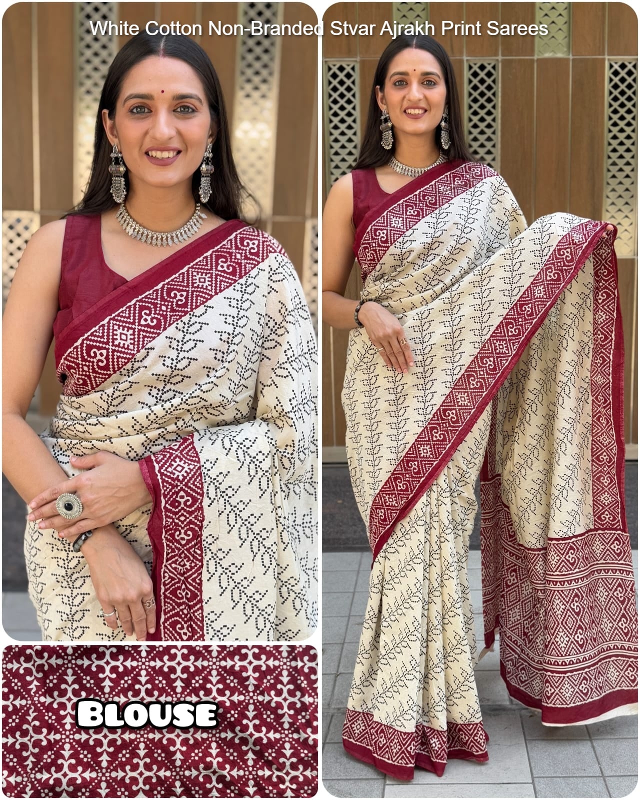 White Cotton Non-Branded Stvar Ajrakh Print Sarees