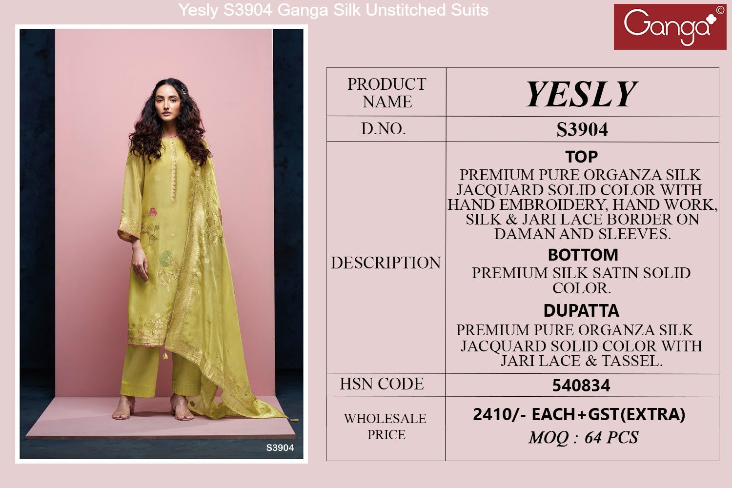 Yesly S3904 Ganga Silk Unstitched Suits