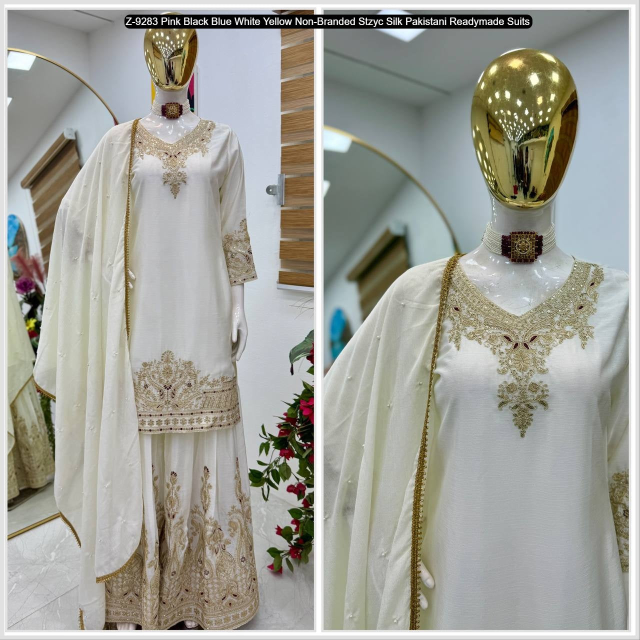 Z-9283 Pink Black Blue White Yellow Non-Branded Stzyc Silk Pakistani Readymade Suits