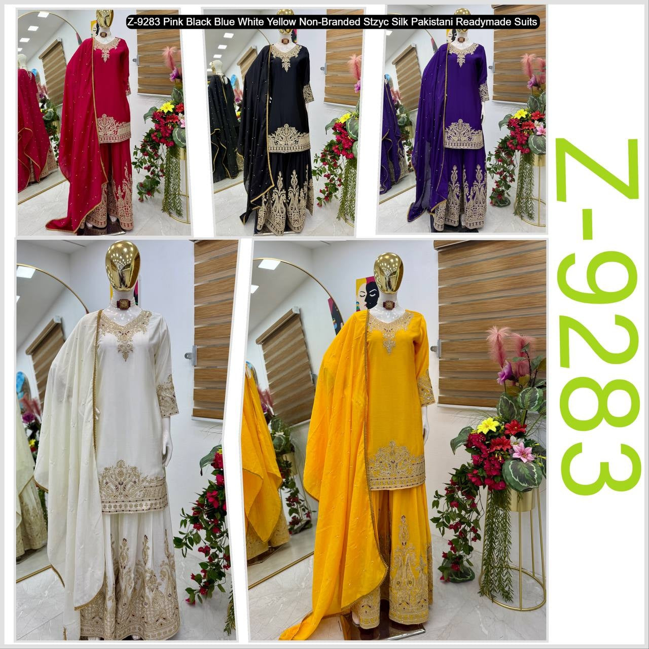 Z-9283 Pink Black Blue White Yellow Non-Branded Stzyc Silk Pakistani Readymade Suits