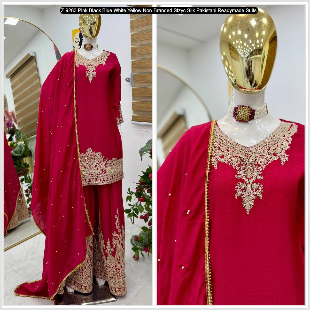 Z-9283 Pink Black Blue White Yellow Non-Branded Stzyc Silk Pakistani Readymade Suits