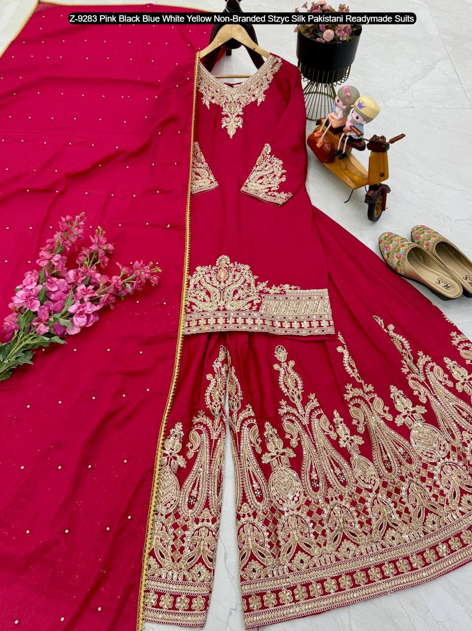 Z-9283 Pink Black Blue White Yellow Non-Branded Stzyc Silk Pakistani Readymade Suits