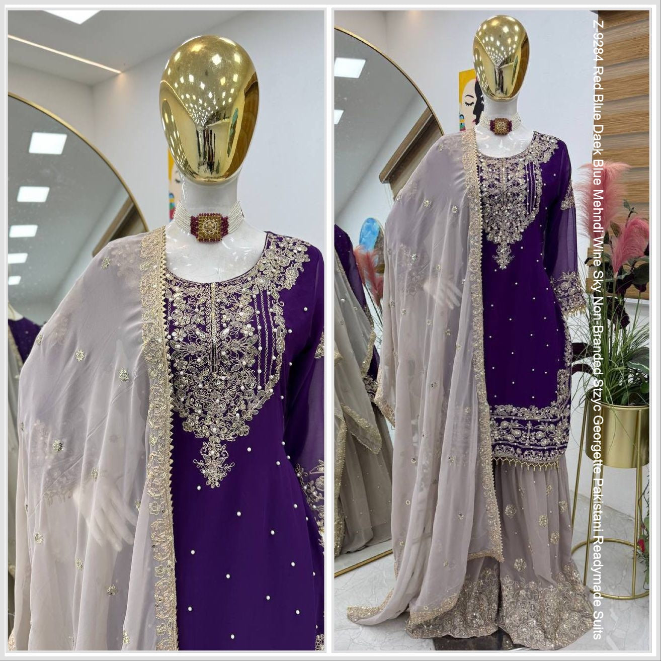 Z-9284 Red Blue Daek Blue Mehndi Wine Sky Non-Branded Stzyc Georgette Pakistani Readymade Suits