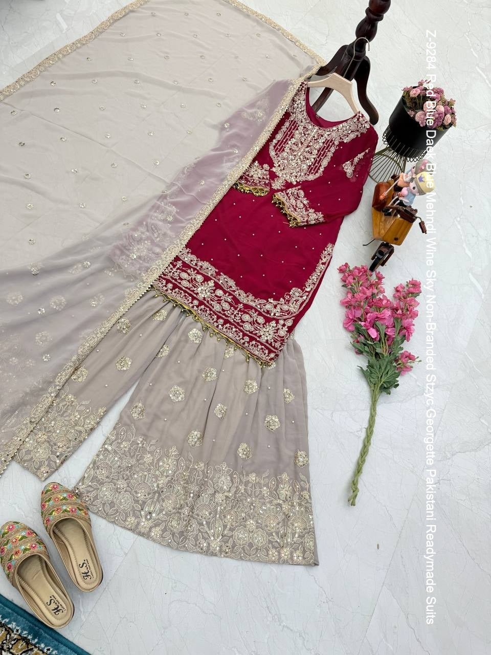 Z-9284 Red Blue Daek Blue Mehndi Wine Sky Non-Branded Stzyc Georgette Pakistani Readymade Suits