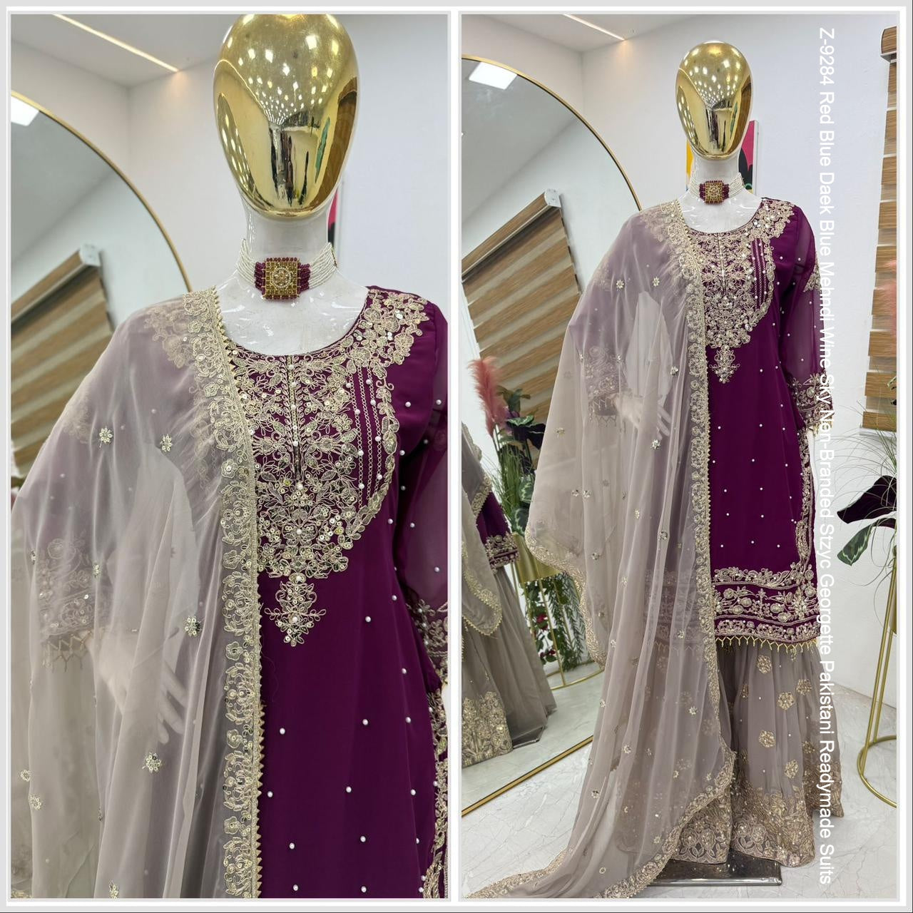 Z-9284 Red Blue Daek Blue Mehndi Wine Sky Non-Branded Stzyc Georgette Pakistani Readymade Suits