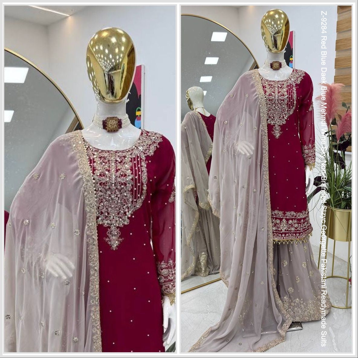 Z-9284 Red Blue Daek Blue Mehndi Wine Sky Non-Branded Stzyc Georgette Pakistani Readymade Suits