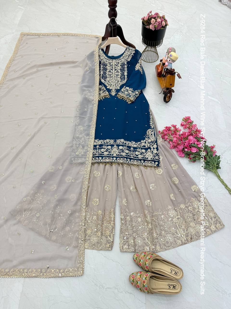 Z-9284 Red Blue Daek Blue Mehndi Wine Sky Non-Branded Stzyc Georgette Pakistani Readymade Suits