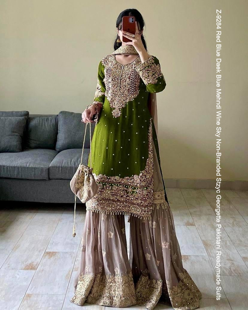 Z-9284 Red Blue Daek Blue Mehndi Wine Sky Non-Branded Stzyc Georgette Pakistani Readymade Suits