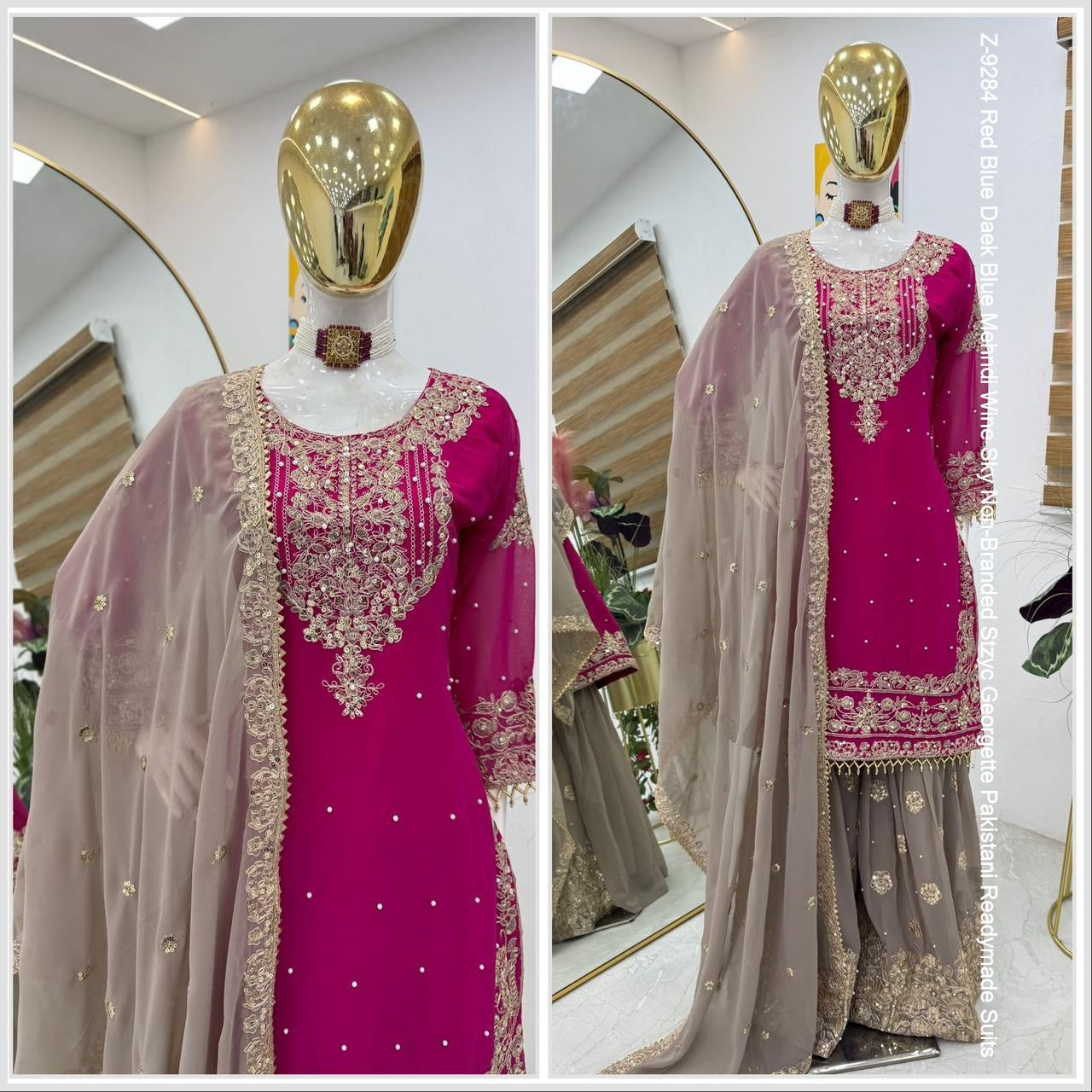 Z-9284 Red Blue Daek Blue Mehndi Wine Sky Non-Branded Stzyc Georgette Pakistani Readymade Suits