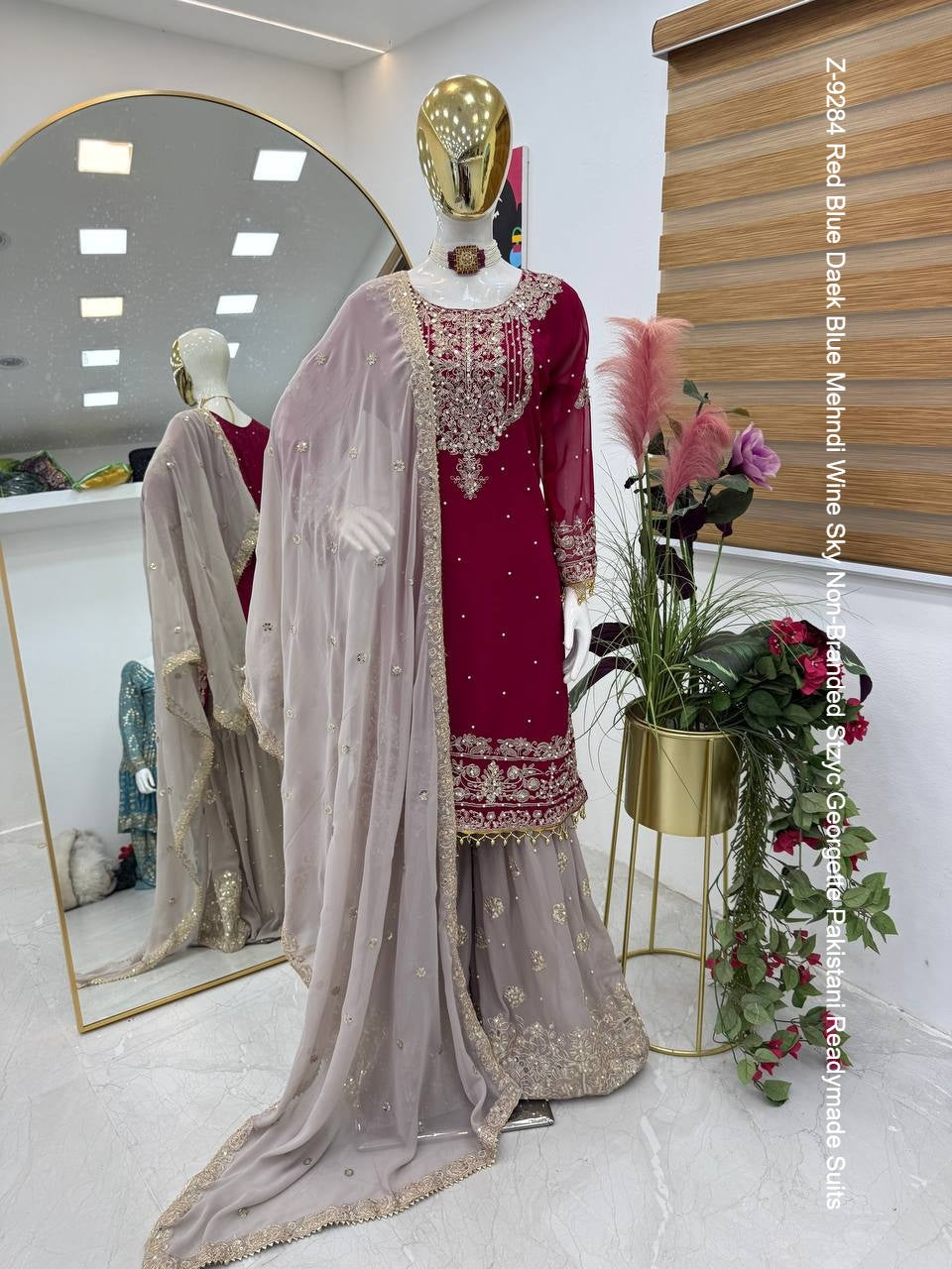 Z-9284 Red Blue Daek Blue Mehndi Wine Sky Non-Branded Stzyc Georgette Pakistani Readymade Suits