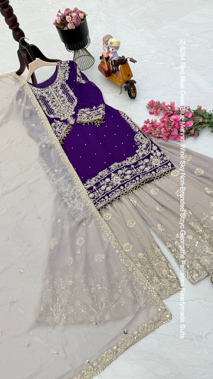 Z-9284 Red Blue Daek Blue Mehndi Wine Sky Non-Branded Stzyc Georgette Pakistani Readymade Suits