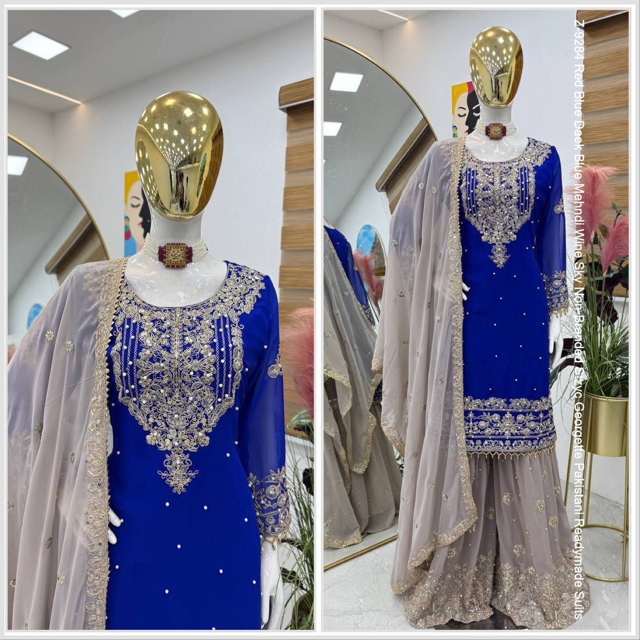 Z-9284 Red Blue Daek Blue Mehndi Wine Sky Non-Branded Stzyc Georgette Pakistani Readymade Suits
