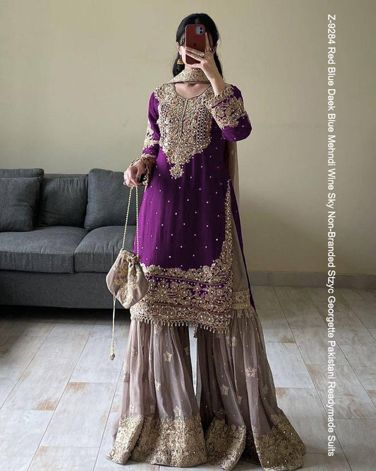 Z-9284 Red Blue Daek Blue Mehndi Wine Sky Non-Branded Stzyc Georgette Pakistani Readymade Suits