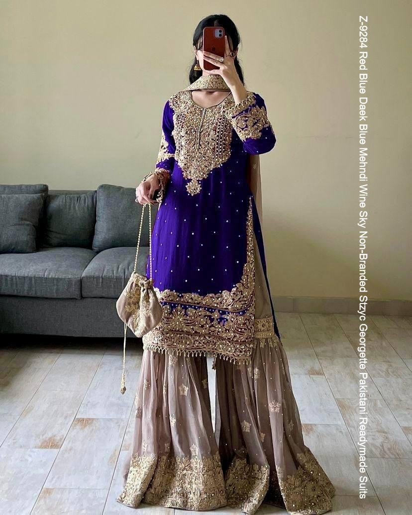 Z-9284 Red Blue Daek Blue Mehndi Wine Sky Non-Branded Stzyc Georgette Pakistani Readymade Suits