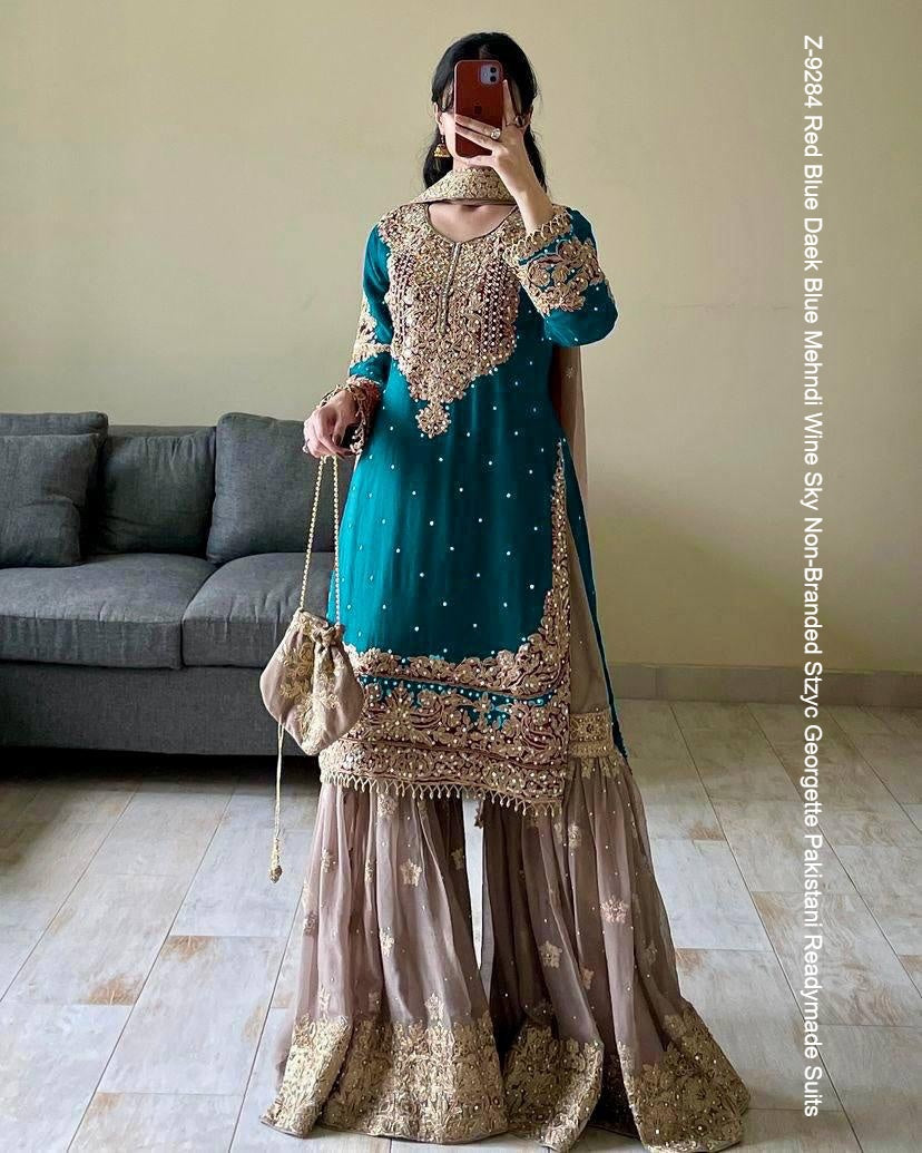 Z-9284 Red Blue Daek Blue Mehndi Wine Sky Non-Branded Stzyc Georgette Pakistani Readymade Suits