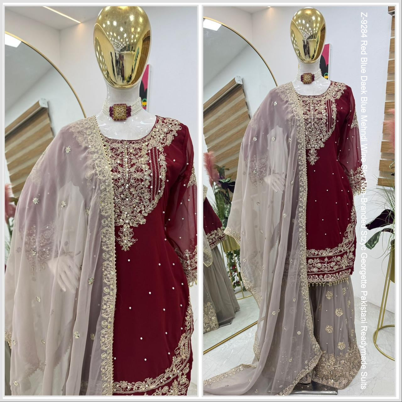 Z-9284 Red Blue Daek Blue Mehndi Wine Sky Non-Branded Stzyc Georgette Pakistani Readymade Suits