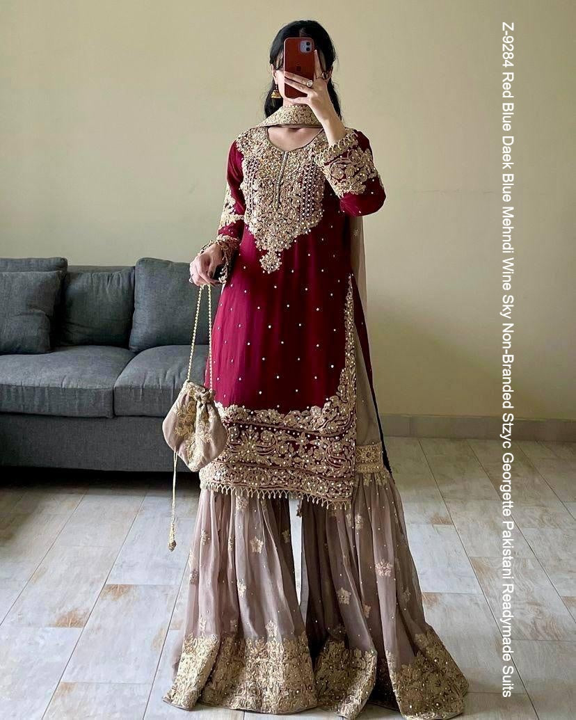 Z-9284 Red Blue Daek Blue Mehndi Wine Sky Non-Branded Stzyc Georgette Pakistani Readymade Suits