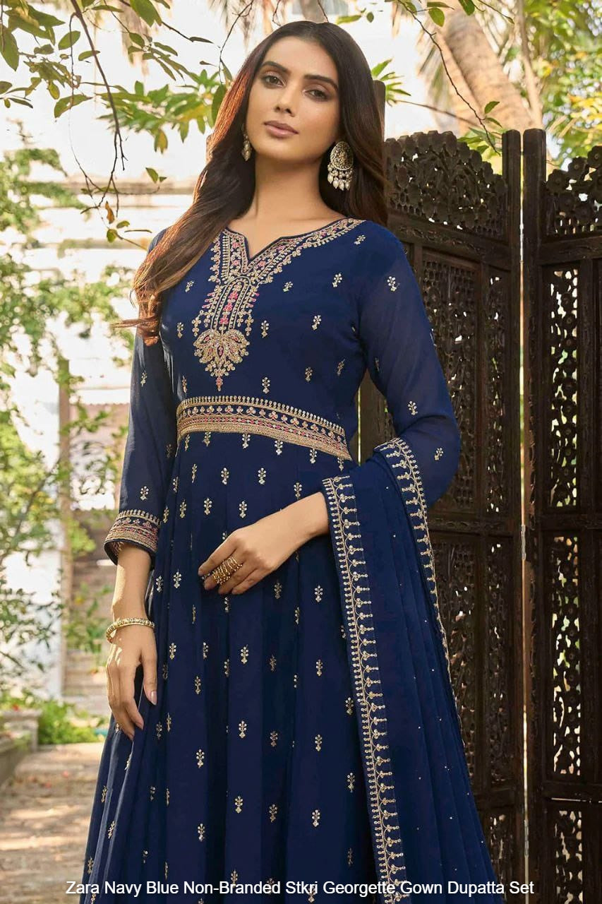 Zara Navy Blue Non-Branded Stkri Georgette Gown Dupatta Set