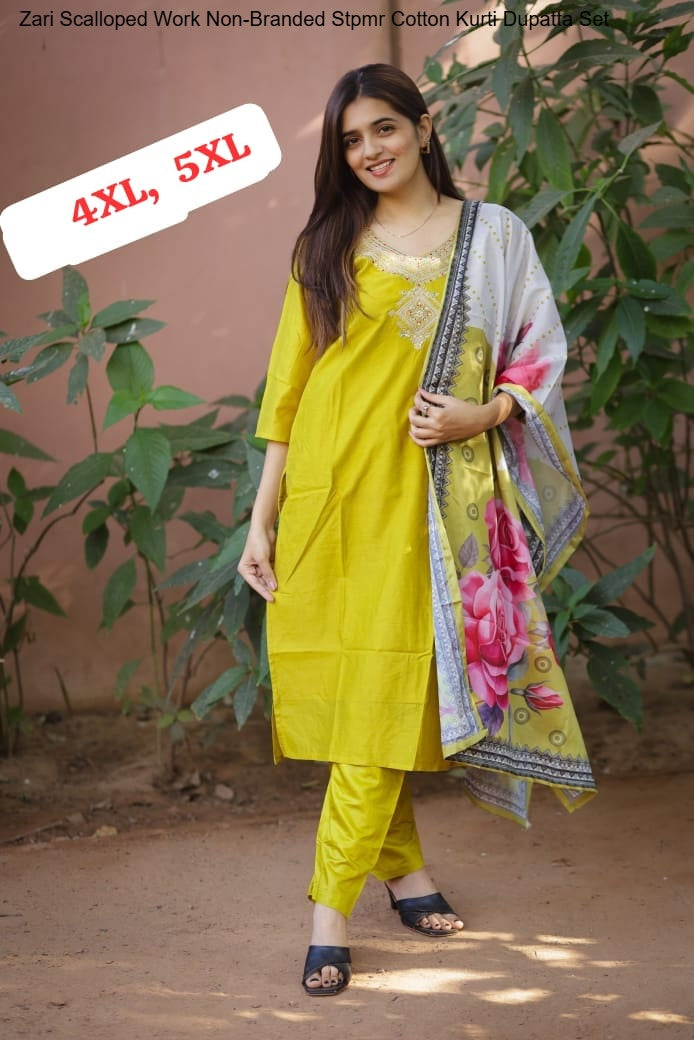Zari Scalloped Work Non-Branded Stpmr Cotton Kurti Dupatta Set