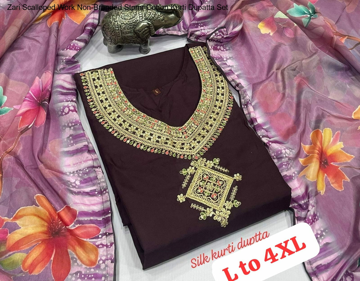 Zari Scalloped Work Non-Branded Stpmr Cotton Kurti Dupatta Set