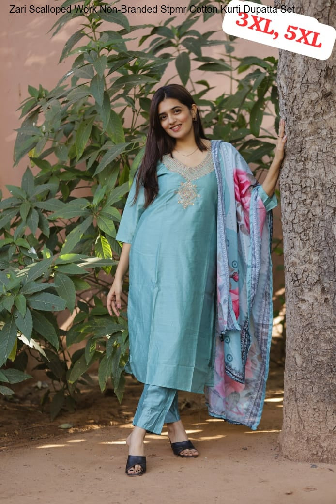 Zari Scalloped Work Non-Branded Stpmr Cotton Kurti Dupatta Set
