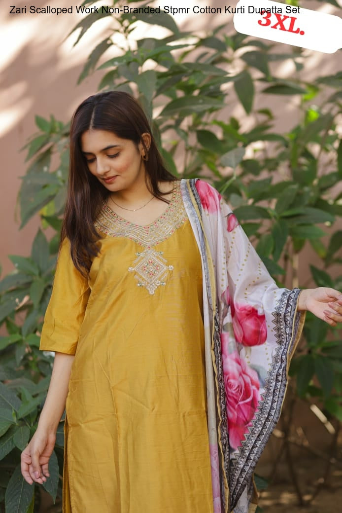 Zari Scalloped Work Non-Branded Stpmr Cotton Kurti Dupatta Set