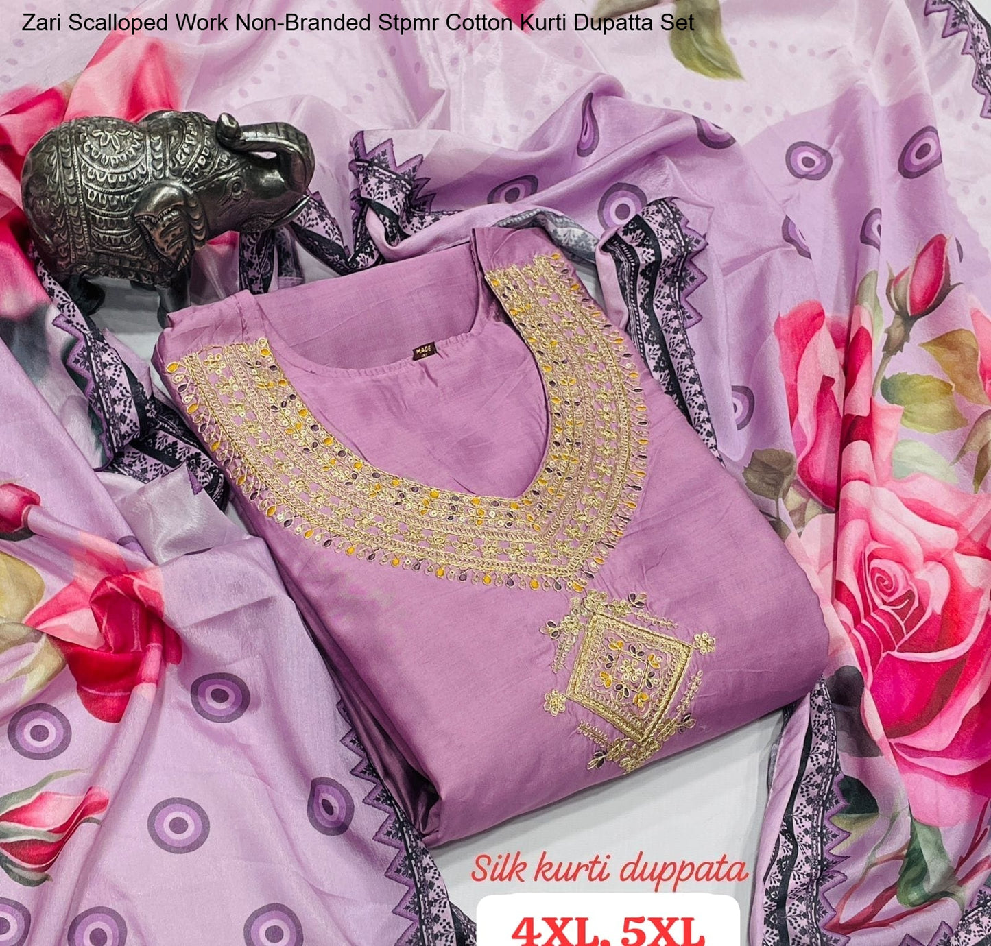 Zari Scalloped Work Non-Branded Stpmr Cotton Kurti Dupatta Set
