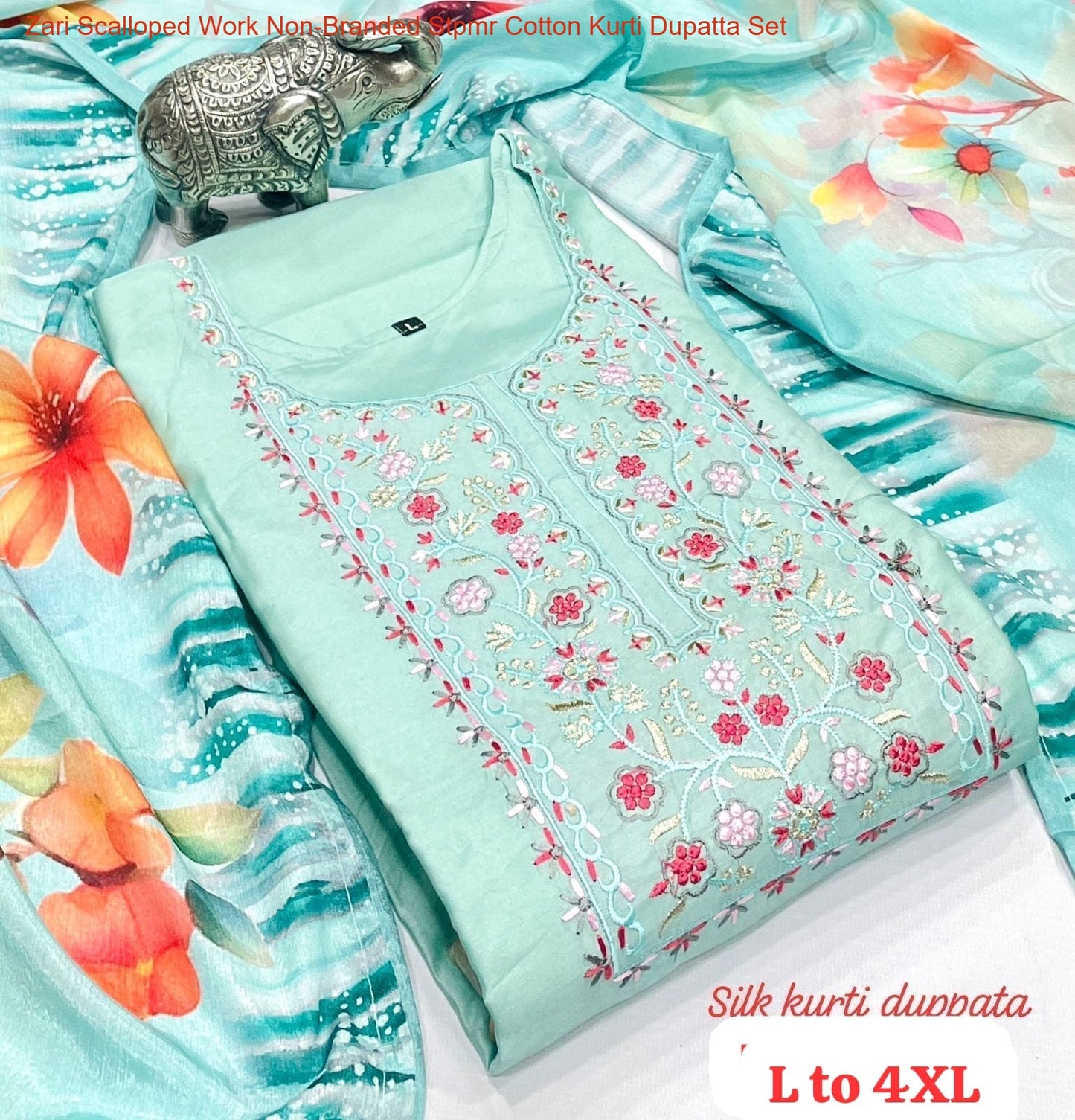 Zari Scalloped Work Non-Branded Stpmr Cotton Kurti Dupatta Set