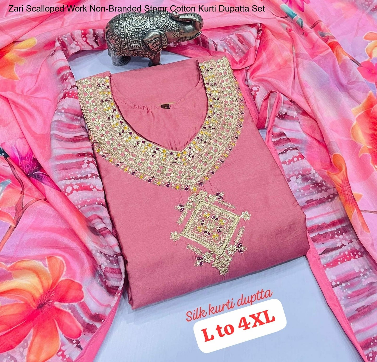 Zari Scalloped Work Non-Branded Stpmr Cotton Kurti Dupatta Set