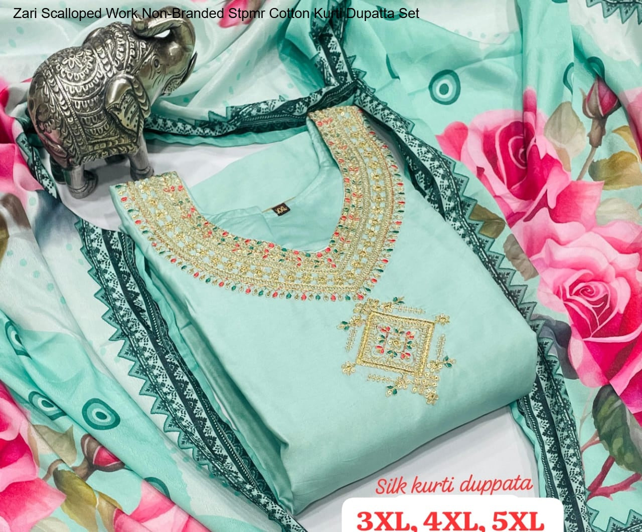 Zari Scalloped Work Non-Branded Stpmr Cotton Kurti Dupatta Set