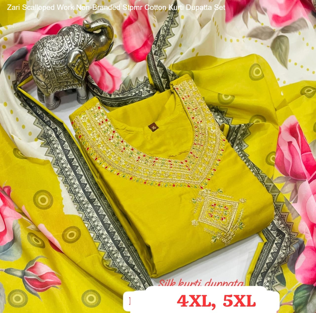 Zari Scalloped Work Non-Branded Stpmr Cotton Kurti Dupatta Set