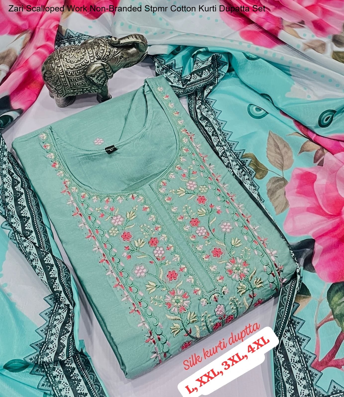 Zari Scalloped Work Non-Branded Stpmr Cotton Kurti Dupatta Set