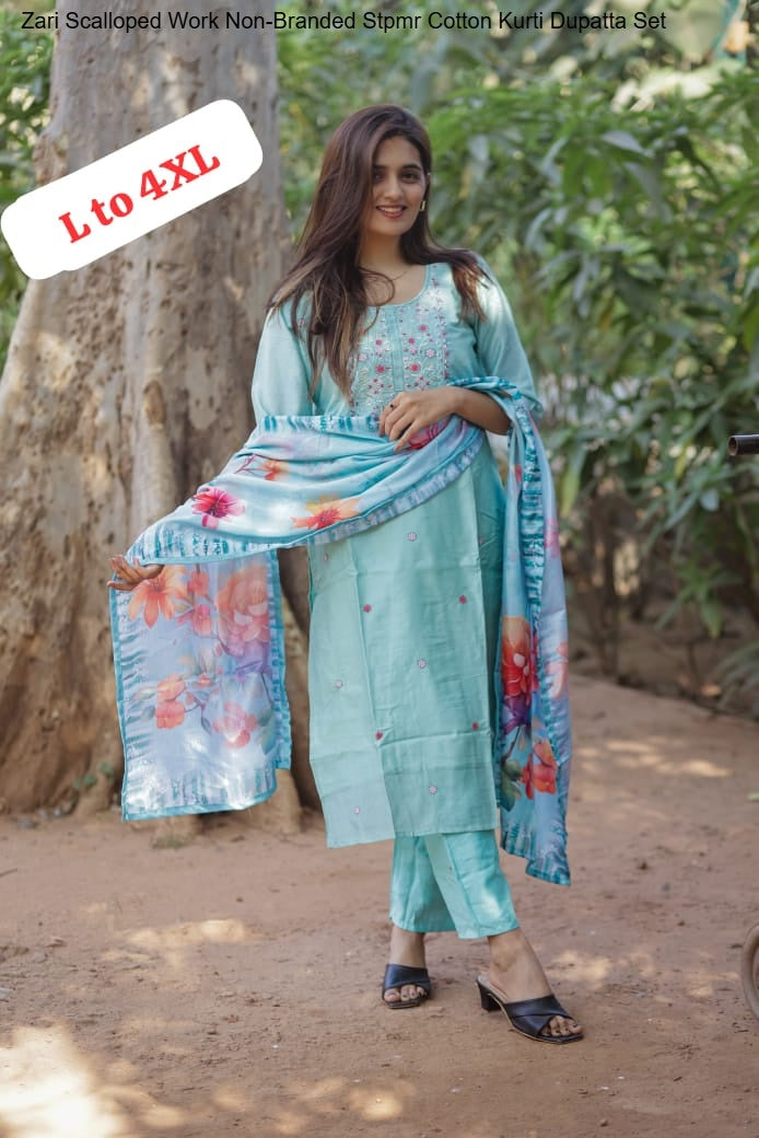 Zari Scalloped Work Non-Branded Stpmr Cotton Kurti Dupatta Set