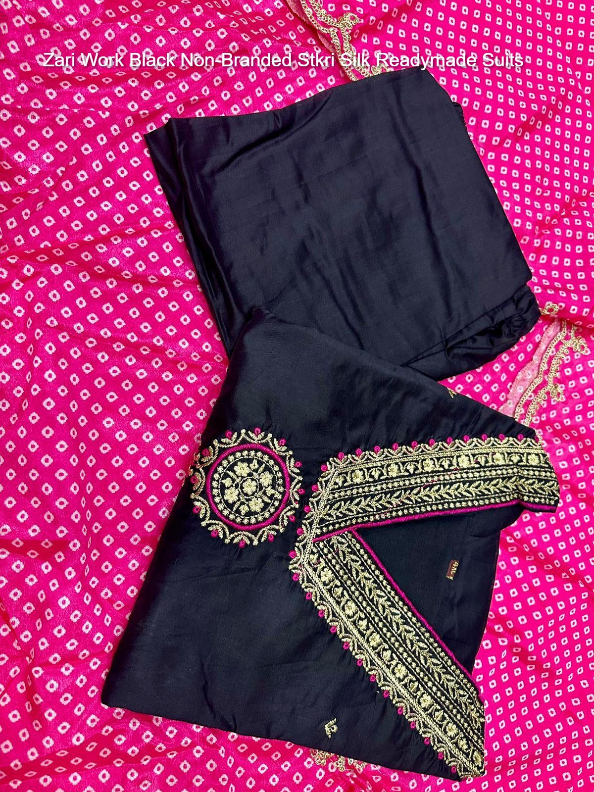 Zari Work Black Non-Branded Stkri Silk Readymade Suits