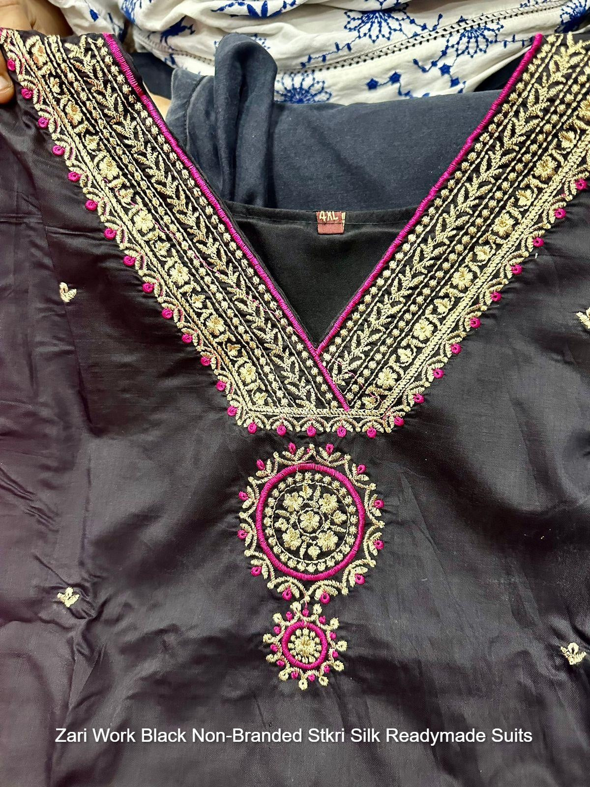 Zari Work Black Non-Branded Stkri Silk Readymade Suits