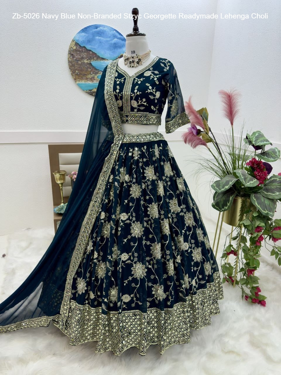 Zb-5026 Navy Blue Non-Branded Stzyc Georgette Readymade Lehenga Choli